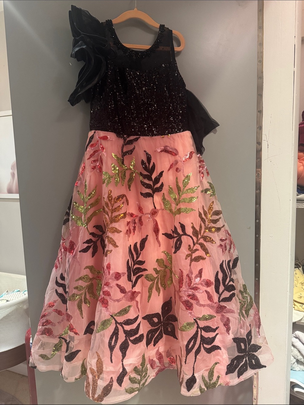 Girls Black Sequin Top Pink Floral Party Dress